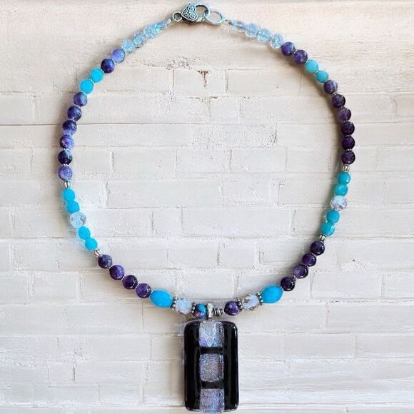 One of a Kind RARE handmade Blue Faceted Larimar &Genuine Amethyst DichloricPdnt - Picture 2 of 6